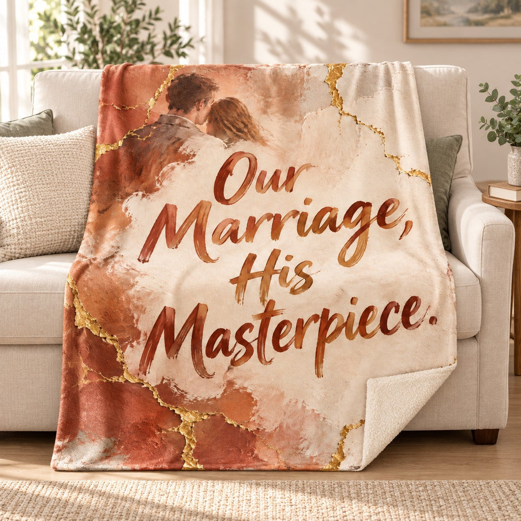 Our Marriage, His Masterpiece. blanket, on a sofa