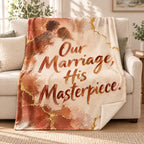 Our Marriage, His Masterpiece. blanket, on a sofa