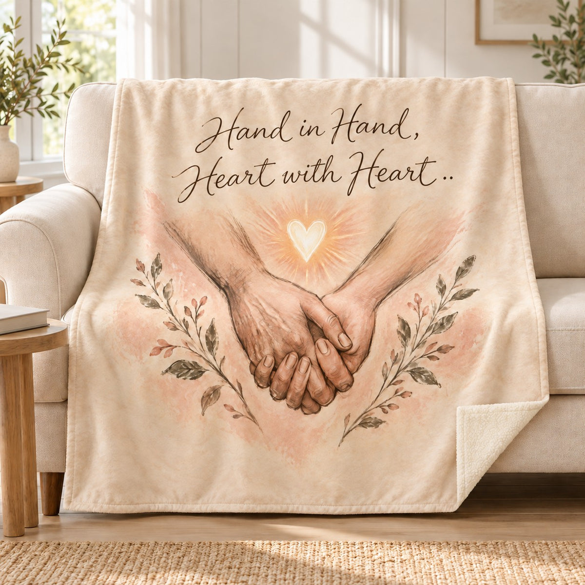 Hand in Hand, Heart with Heart. blanket, on a sofa