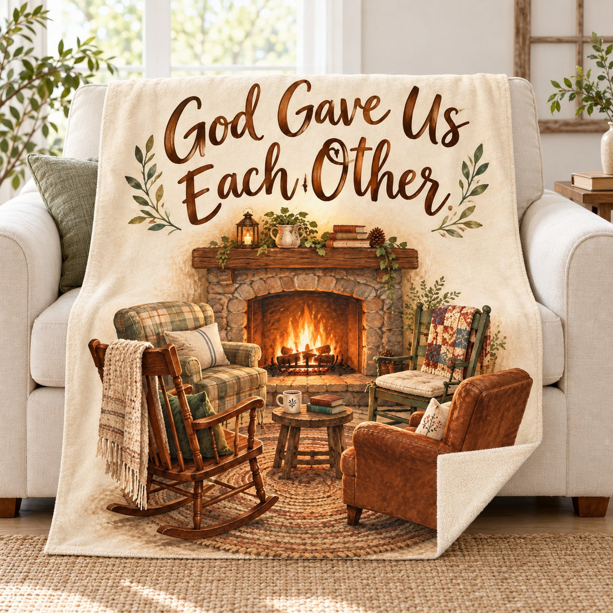 God Gave Us Each Other. blanket, on a sofa
