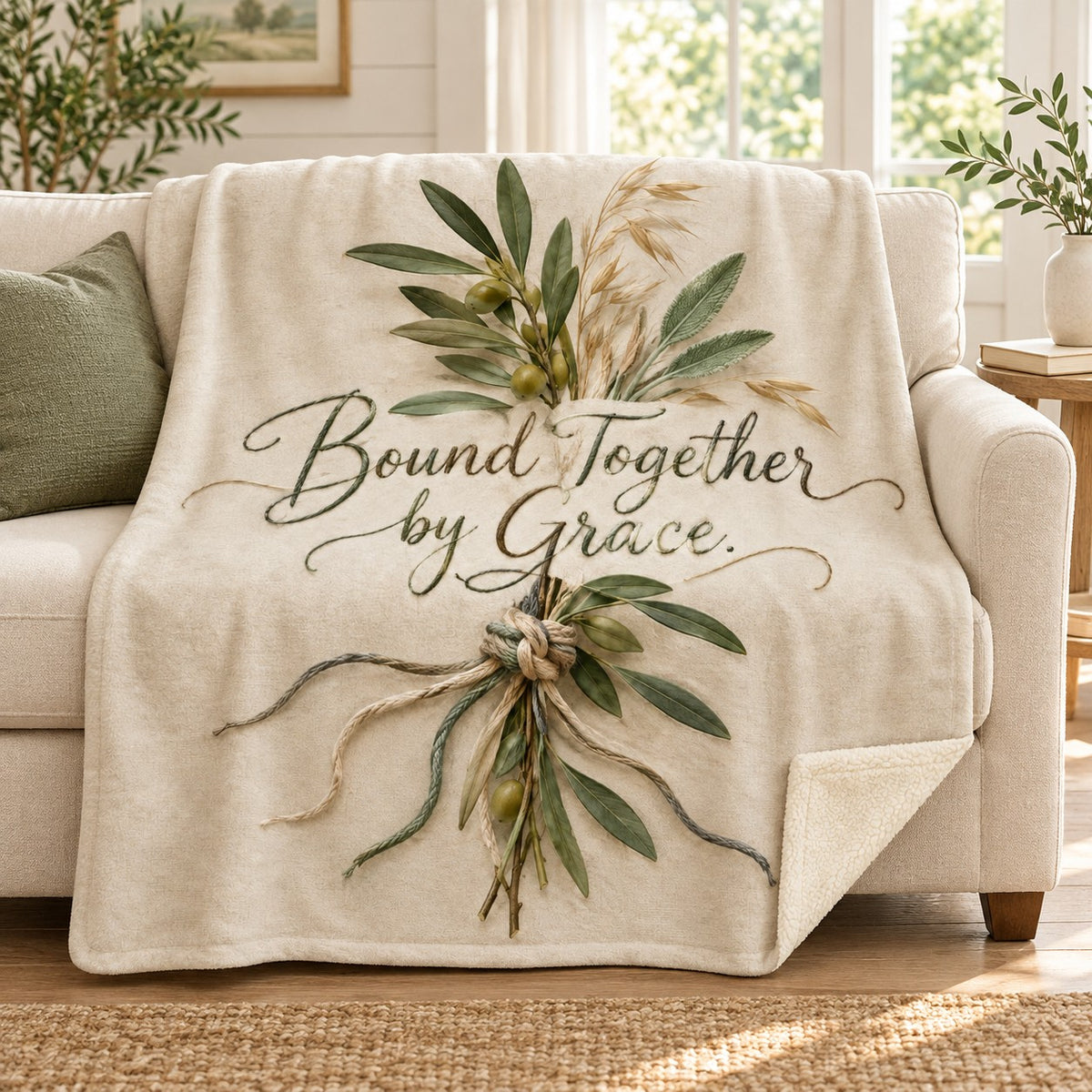Bound Together by Grace. blanket, on a sofa