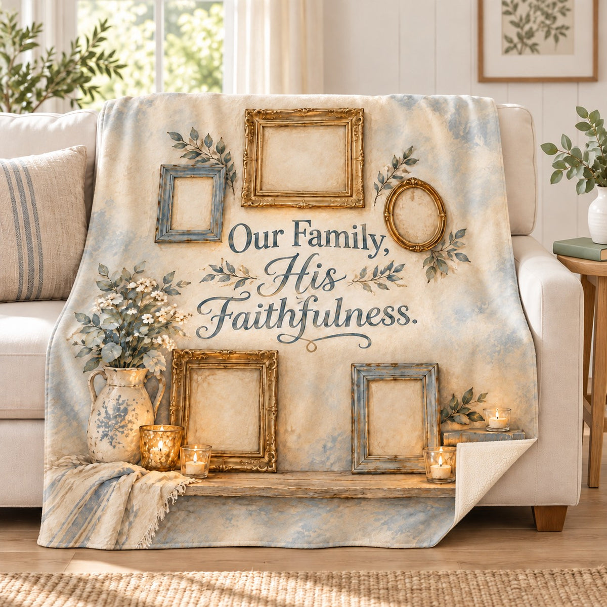 Our Family, His Faithfulness. blanket, on a sofa