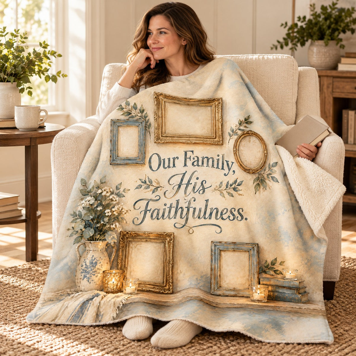 Our Family, His Faithfulness. blanket, wrapped around a reader