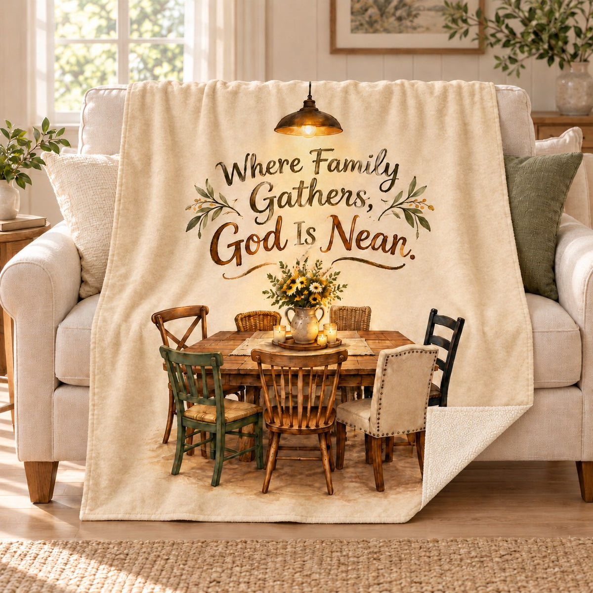 Where Family Gathers, God Is Near. blanket, on a sofa
