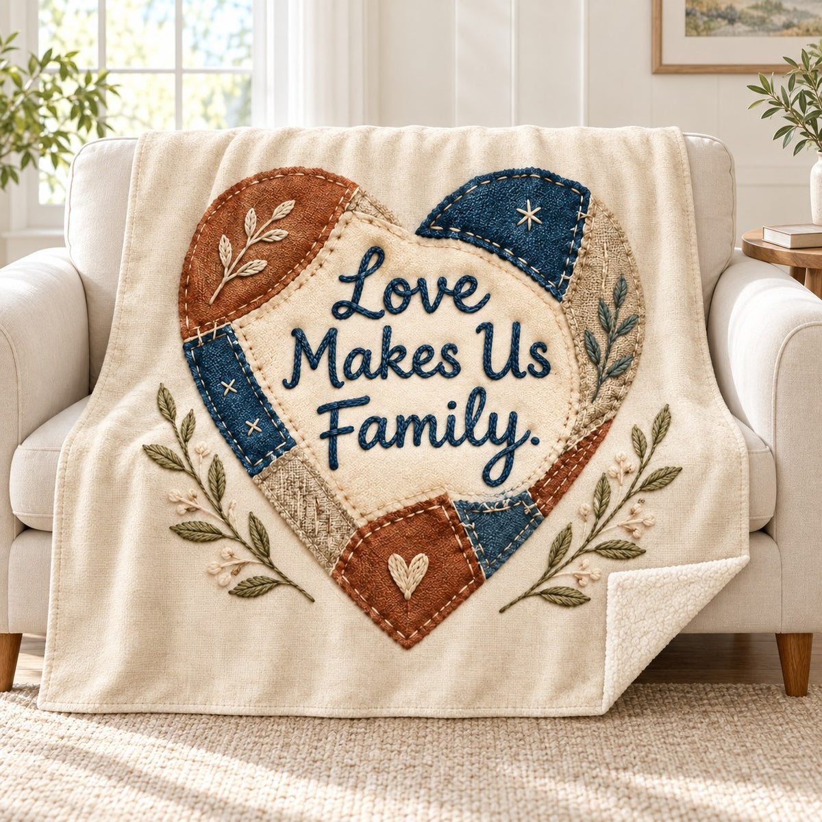 Love Makes Us Family. blanket, on a sofa