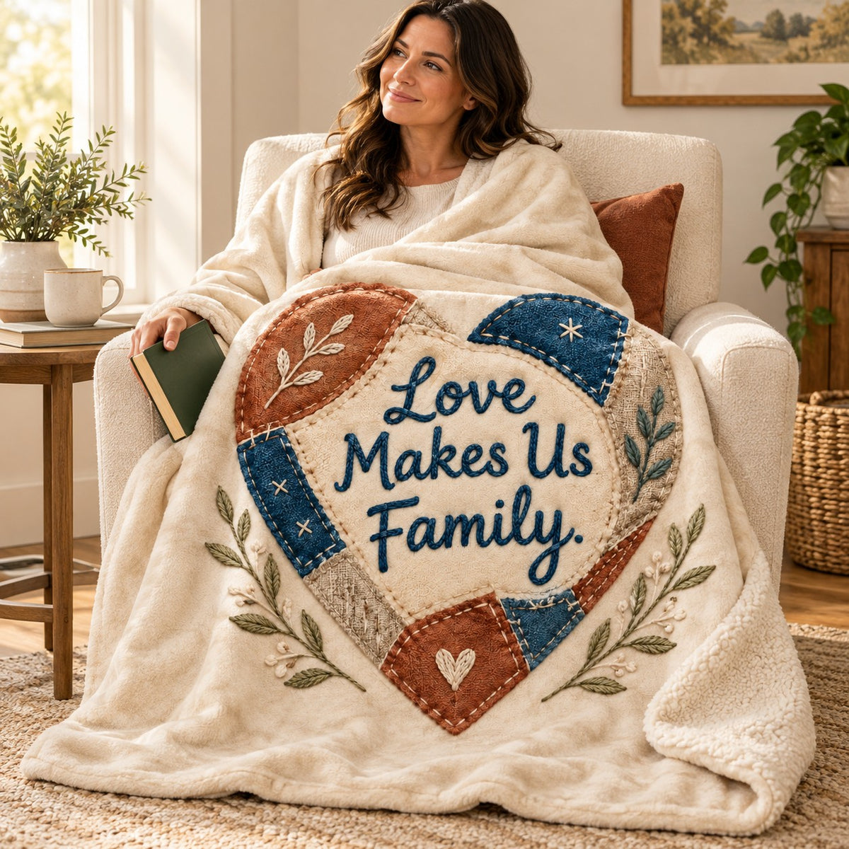 Love Makes Us Family. blanket, wrapped around a reader