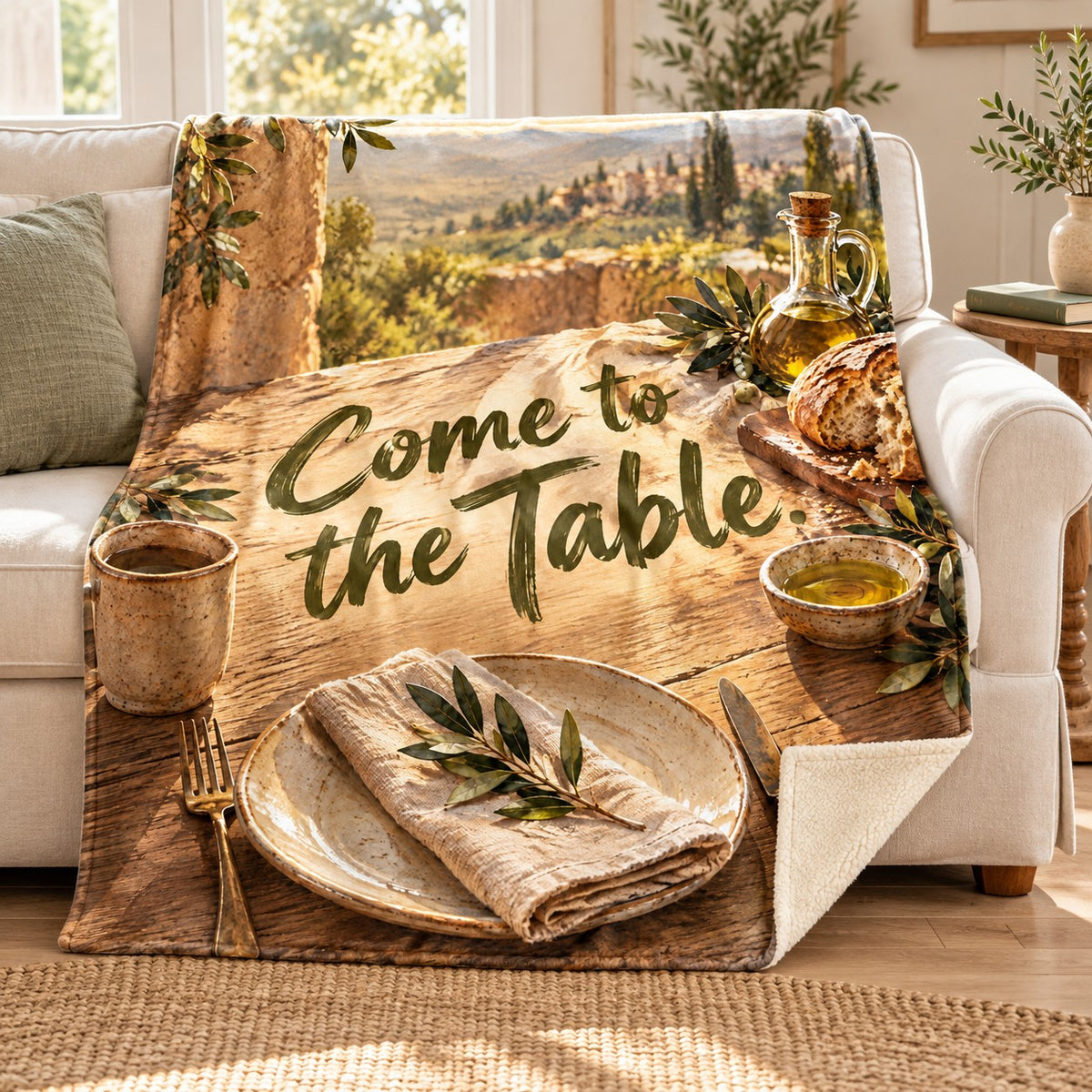Come to the Table. blanket, on a sofa