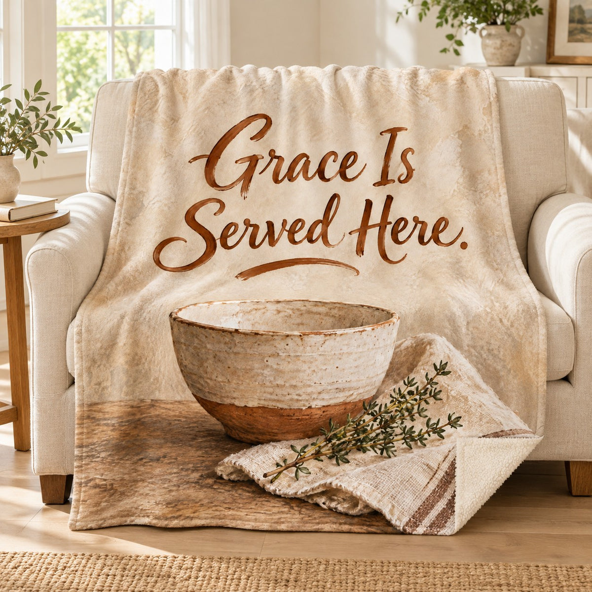 Grace Is Served Here. blanket, on a sofa