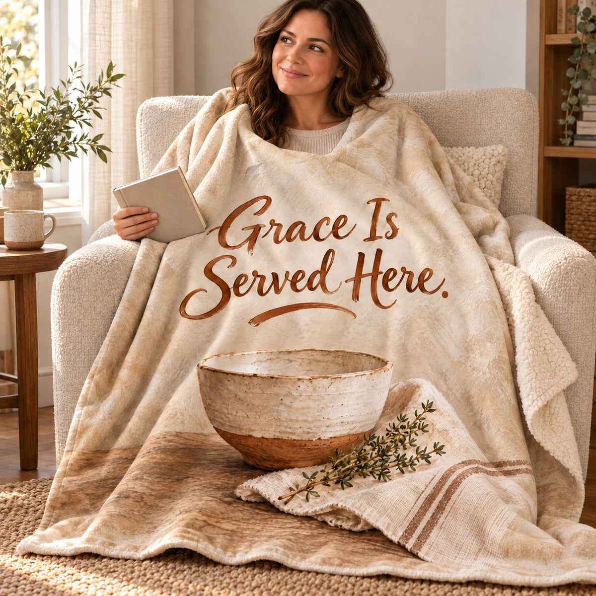 Grace Is Served Here. blanket, wrapped around a reader
