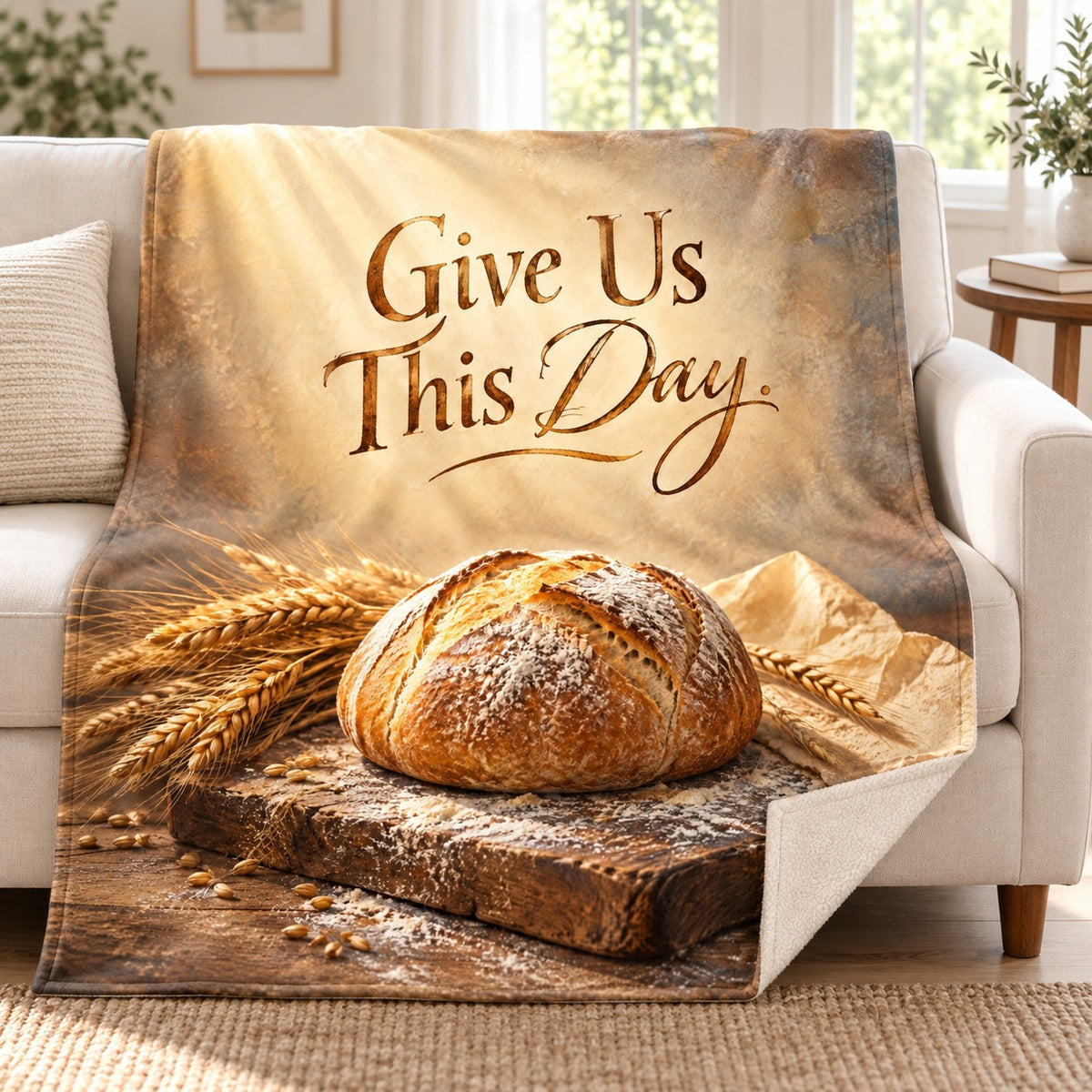 Give Us This Day. blanket, on a sofa