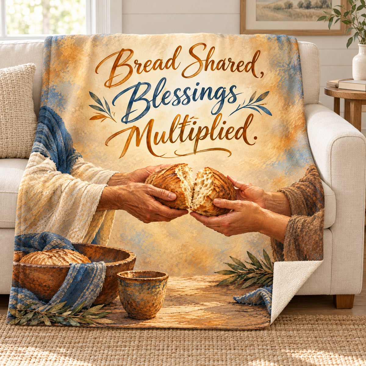 Bread Shared, Blessings Multiplied. blanket, on a sofa