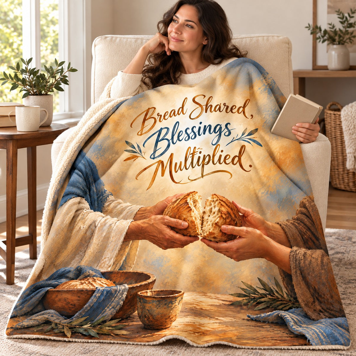 Bread Shared, Blessings Multiplied. blanket, wrapped around a reader