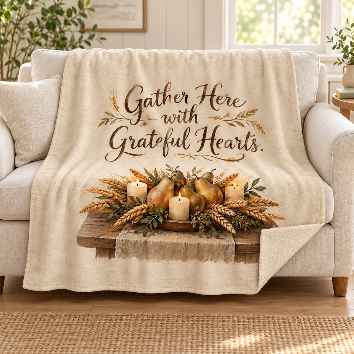 Gather Here with Grateful Hearts. blanket, on a sofa