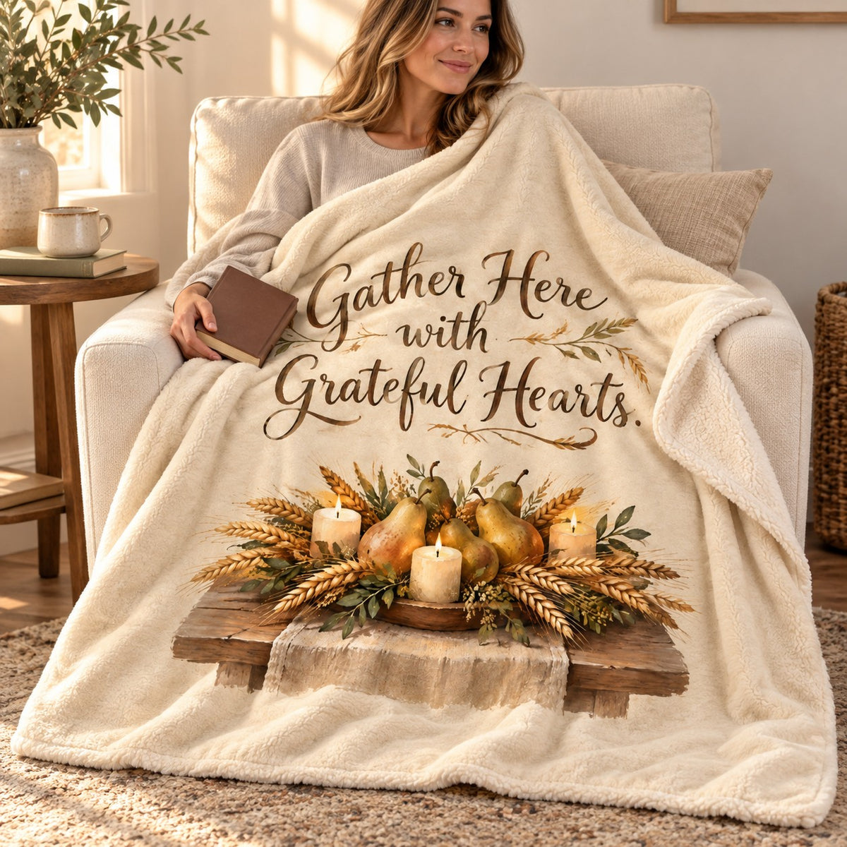Gather Here with Grateful Hearts. blanket, wrapped around a reader
