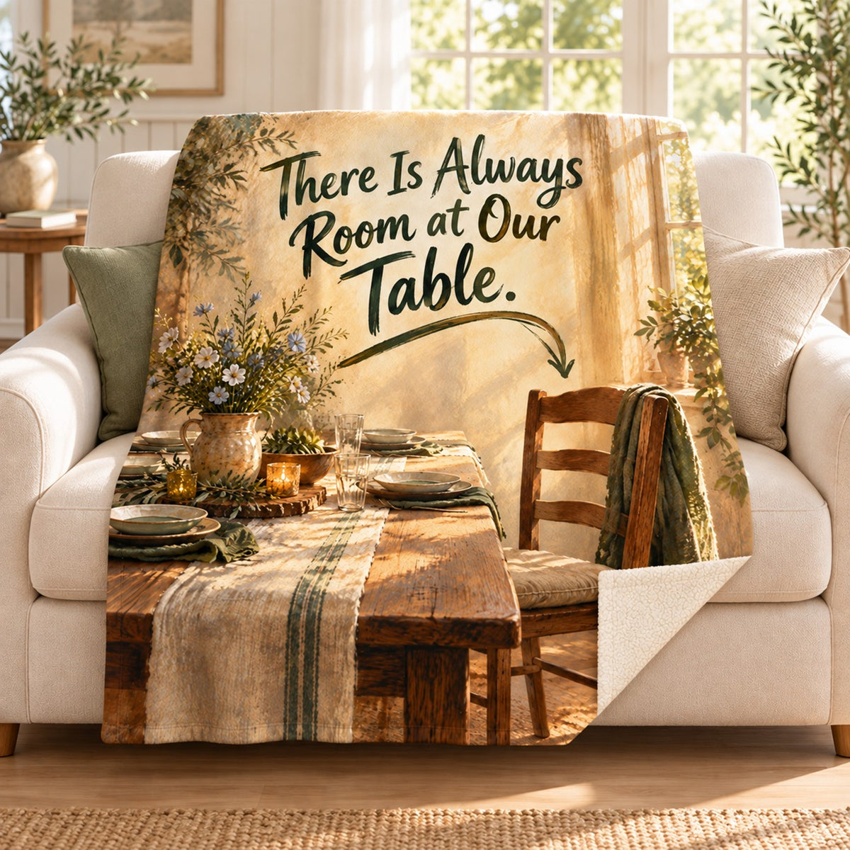 There Is Always Room at Our Table. blanket, on a sofa