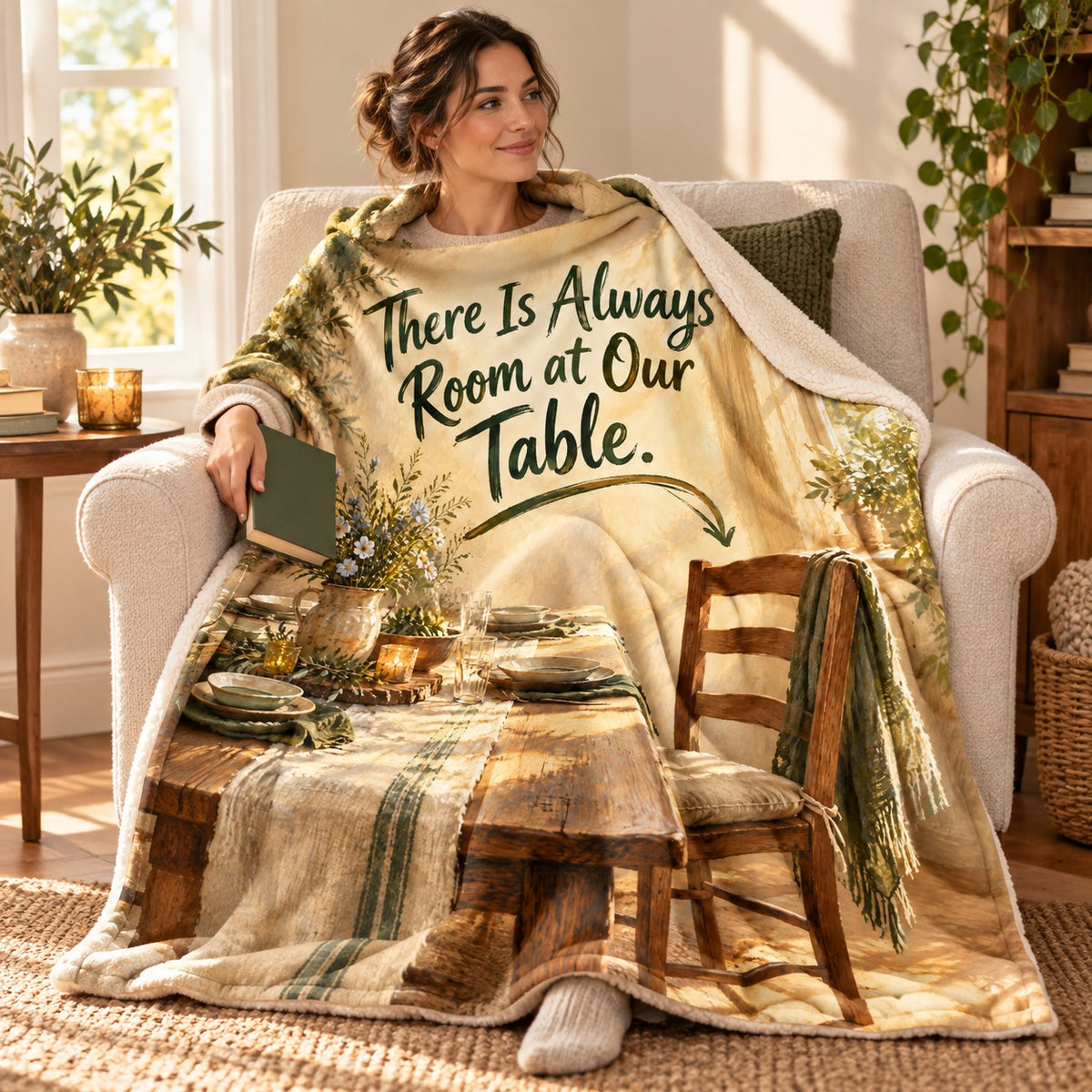 There Is Always Room at Our Table. blanket, wrapped around a reader