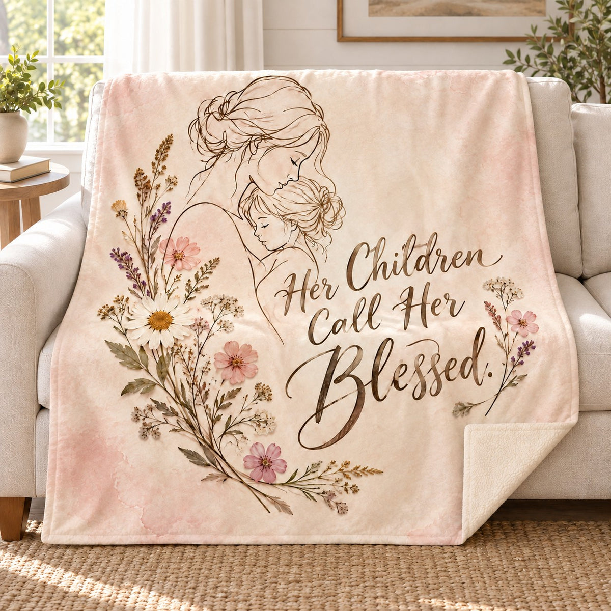 Her Children Call Her Blessed. blanket, on a sofa