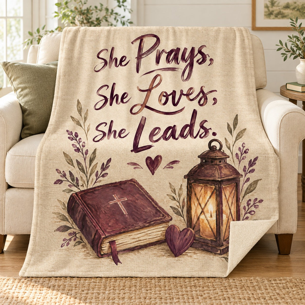 She Prays, She Loves, She Leads. blanket, on a sofa