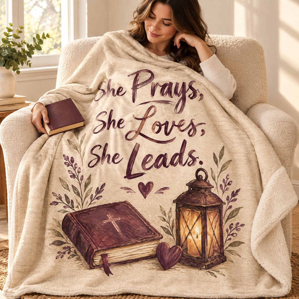 She Prays, She Loves, She Leads. blanket, wrapped around a reader