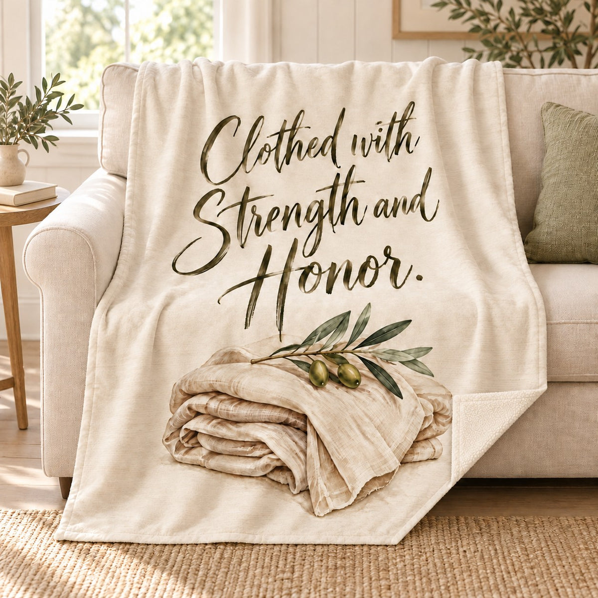 Clothed with Strength and Honor. blanket, on a sofa