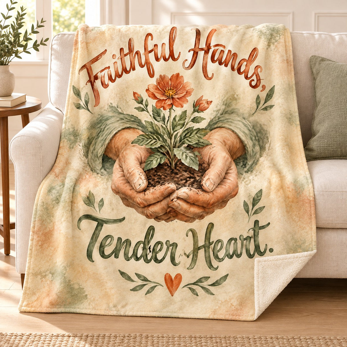 Faithful Hands, Tender Heart. blanket, on a sofa