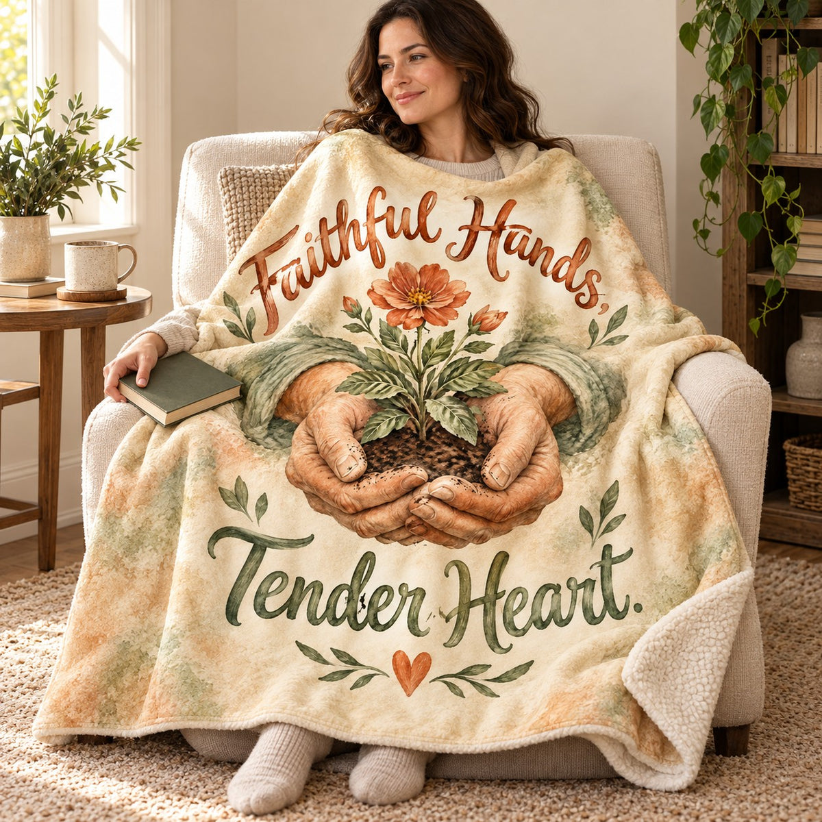 Faithful Hands, Tender Heart. blanket, wrapped around a reader