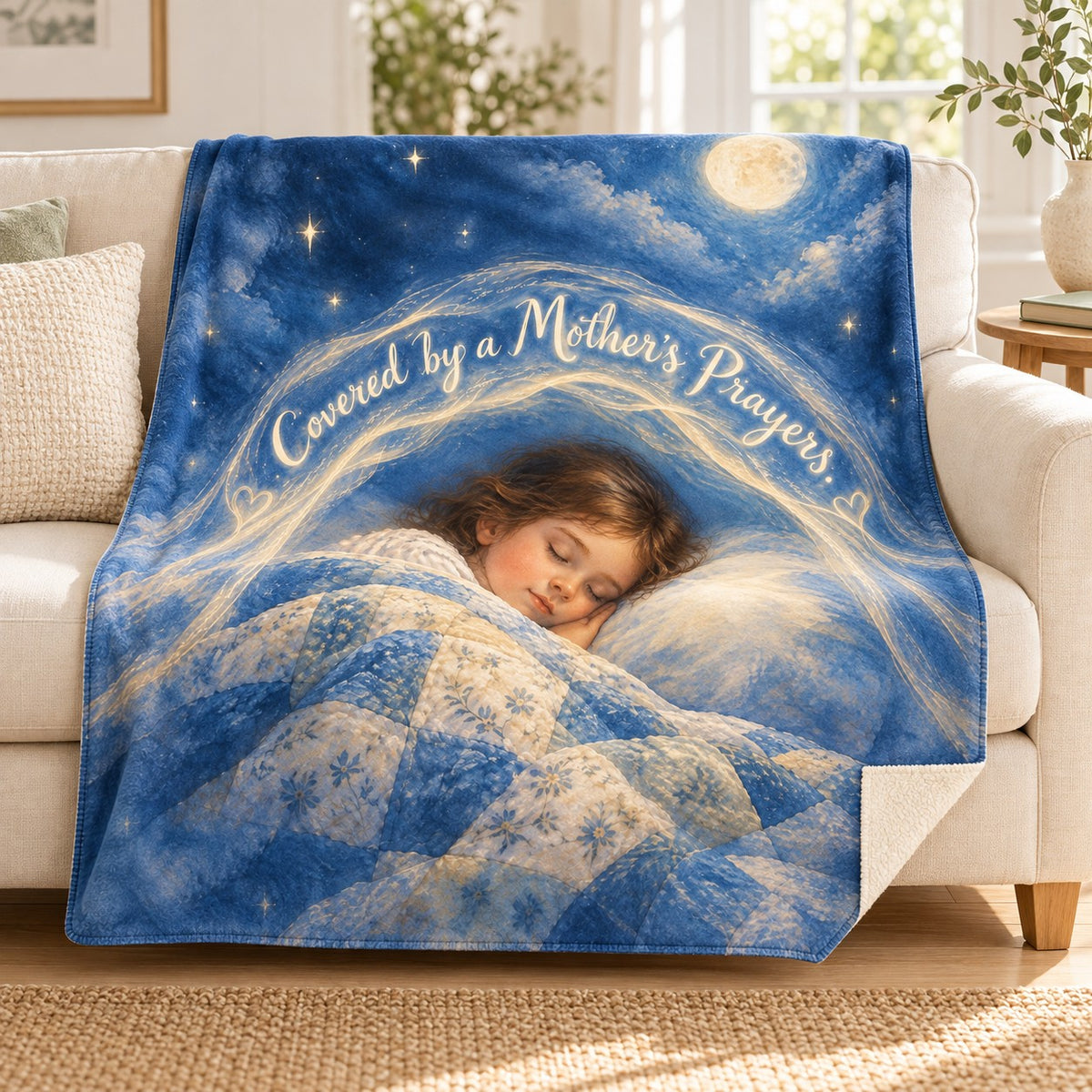 Covered by a Mother’s Prayers. blanket, on a sofa