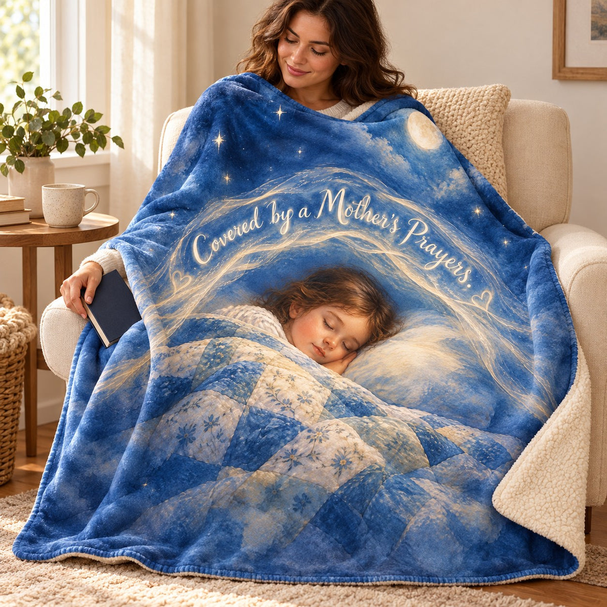 Covered by a Mother’s Prayers. blanket, wrapped around a reader