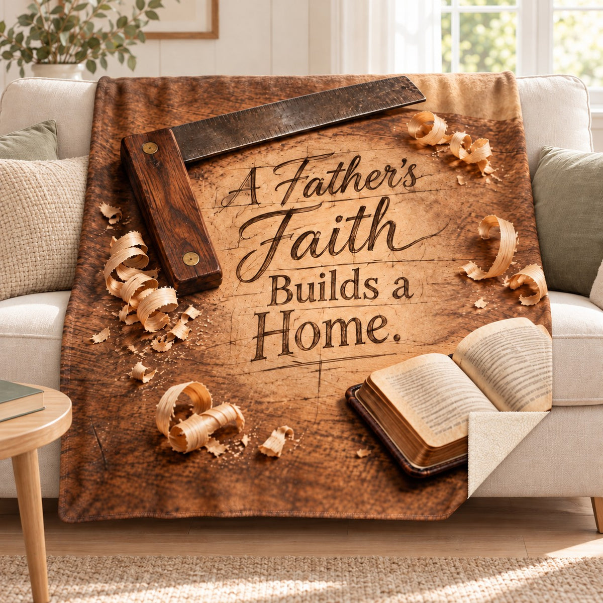A Father’s Faith Builds a Home. blanket, on a sofa