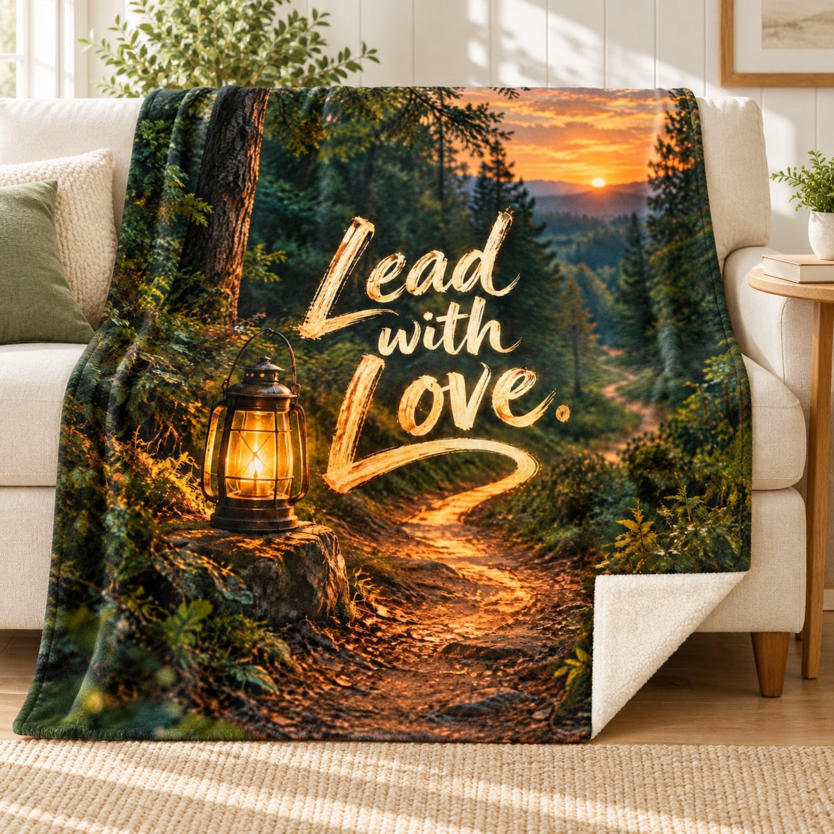 Lead with Love. blanket, on a sofa