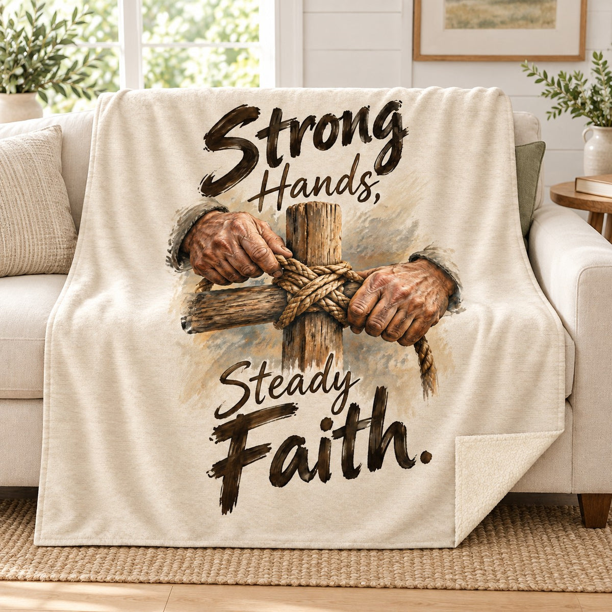 Strong Hands, Steady Faith. blanket, on a sofa