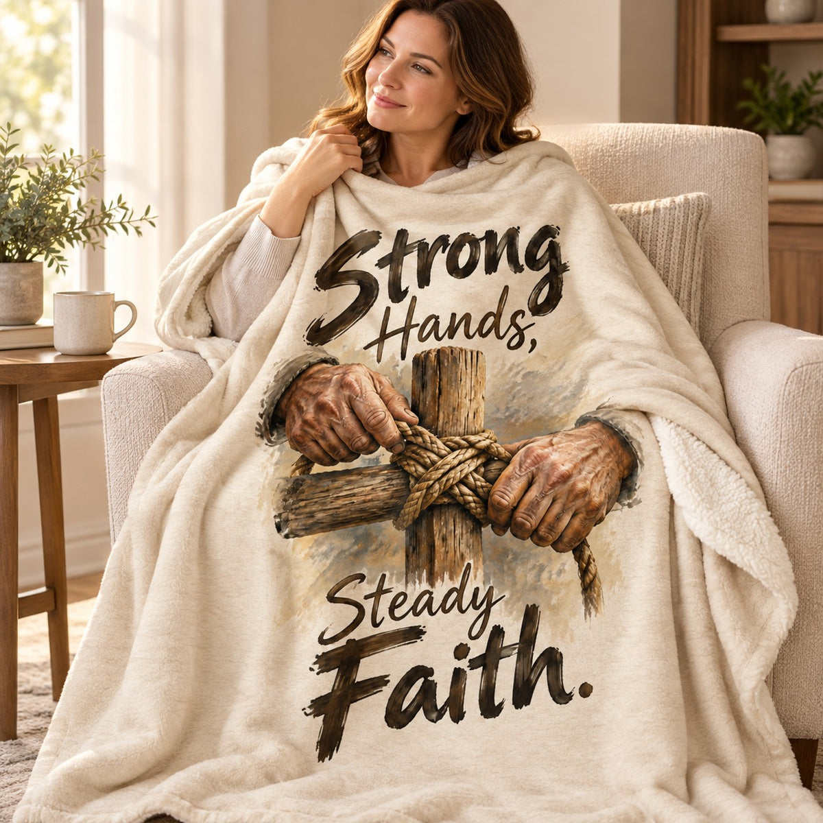 Strong Hands, Steady Faith. blanket, wrapped around a reader