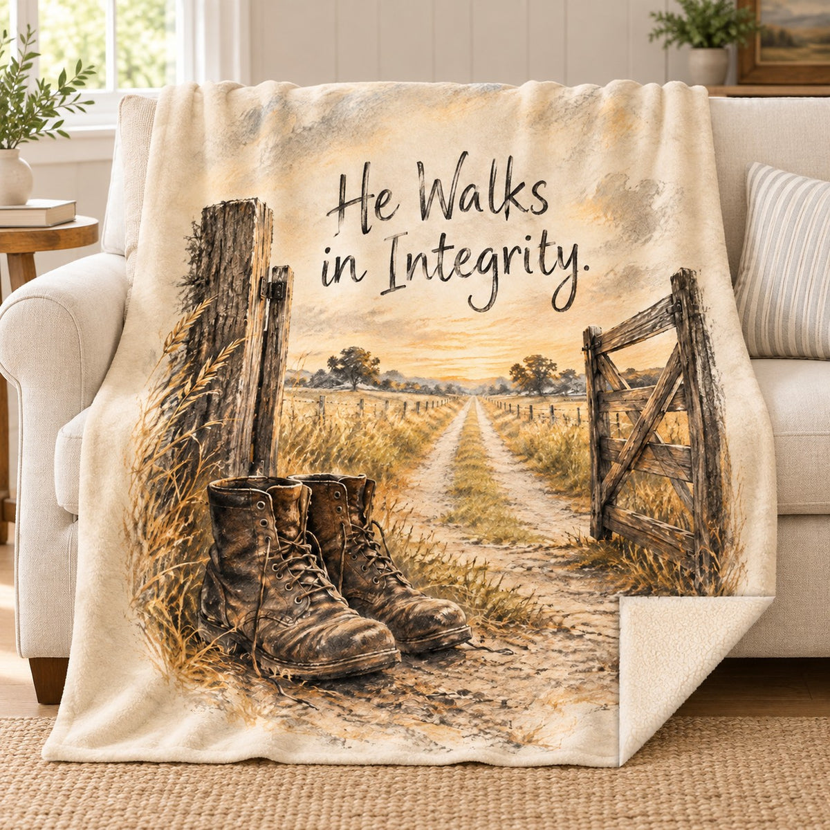 He Walks in Integrity. blanket, on a sofa