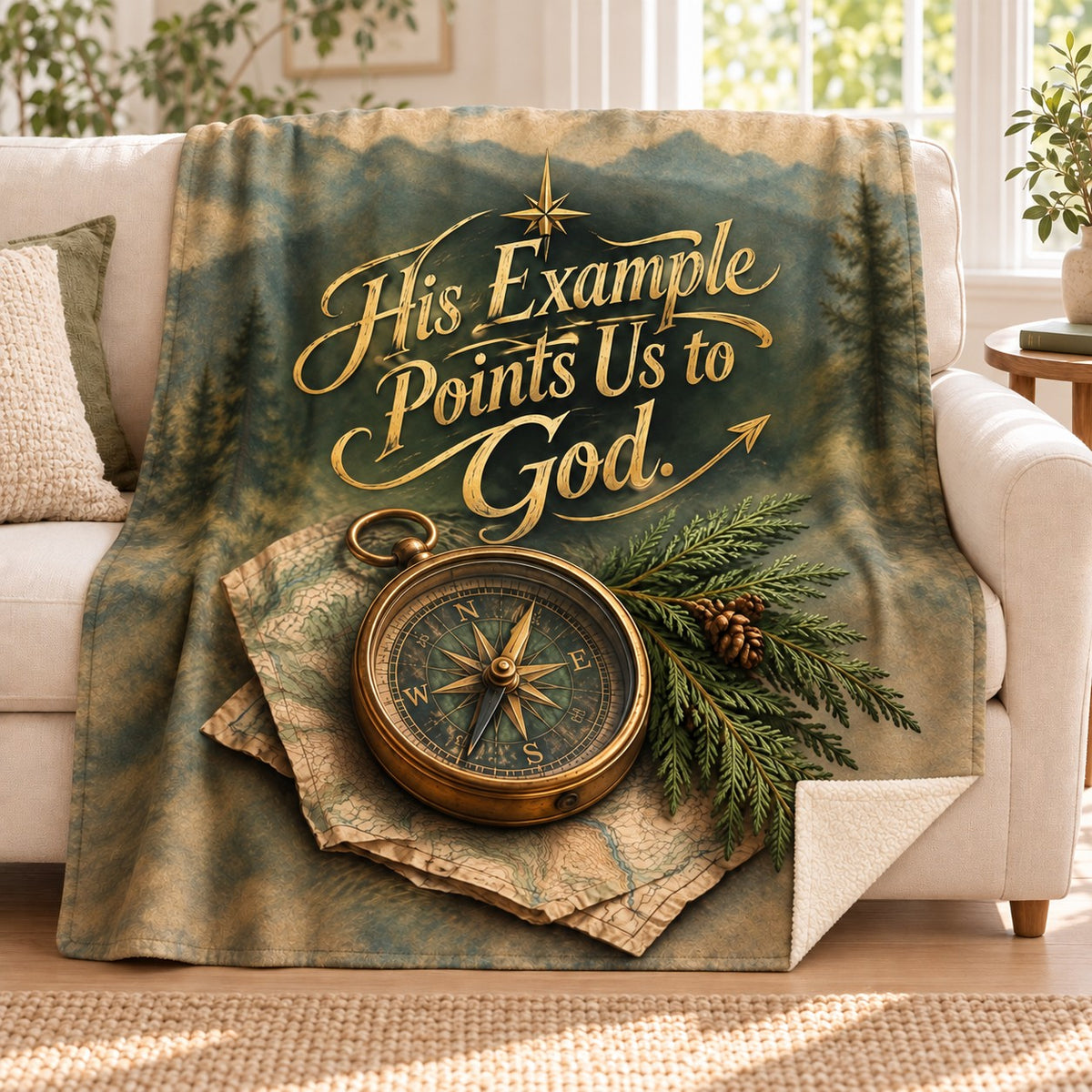 His Example Points Us to God. blanket, on a sofa