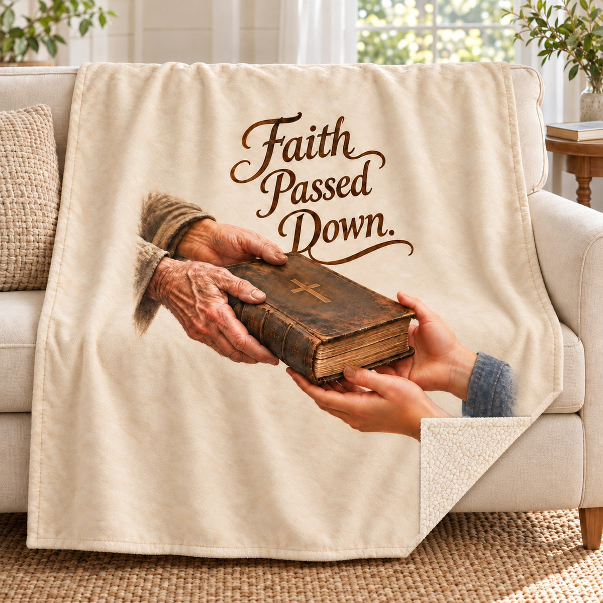 Faith Passed Down. blanket, on a sofa
