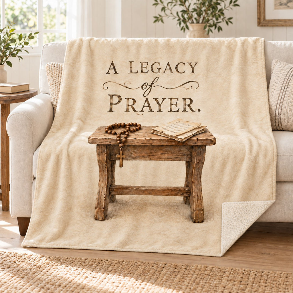 A Legacy of Prayer. blanket, on a sofa