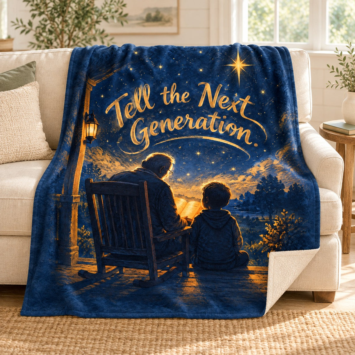 Tell the Next Generation. blanket, on a sofa