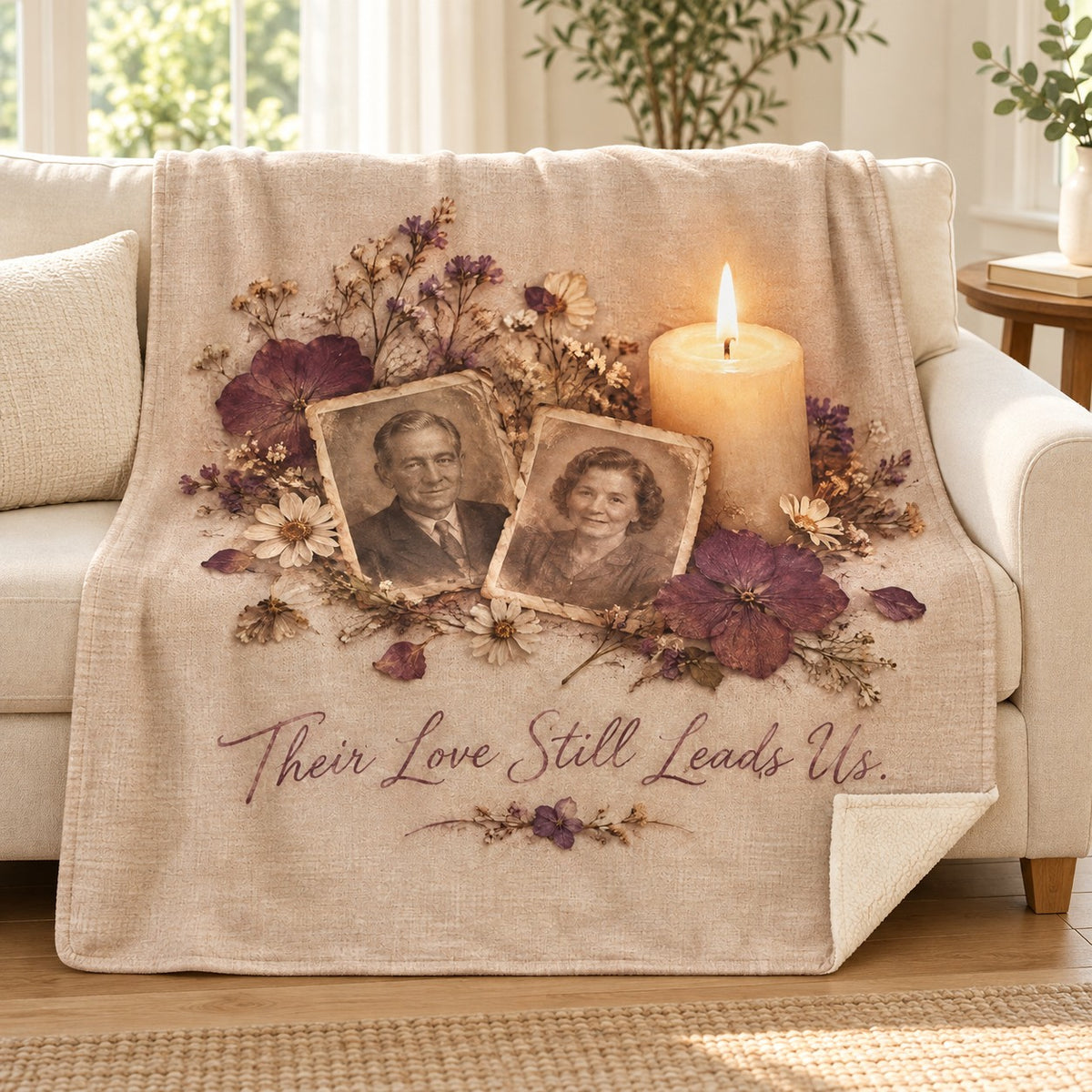 Their Love Still Leads Us. blanket, on a sofa