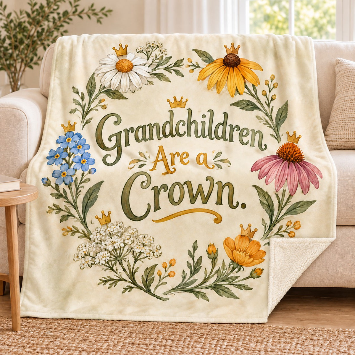 Grandchildren Are a Crown. blanket, on a sofa