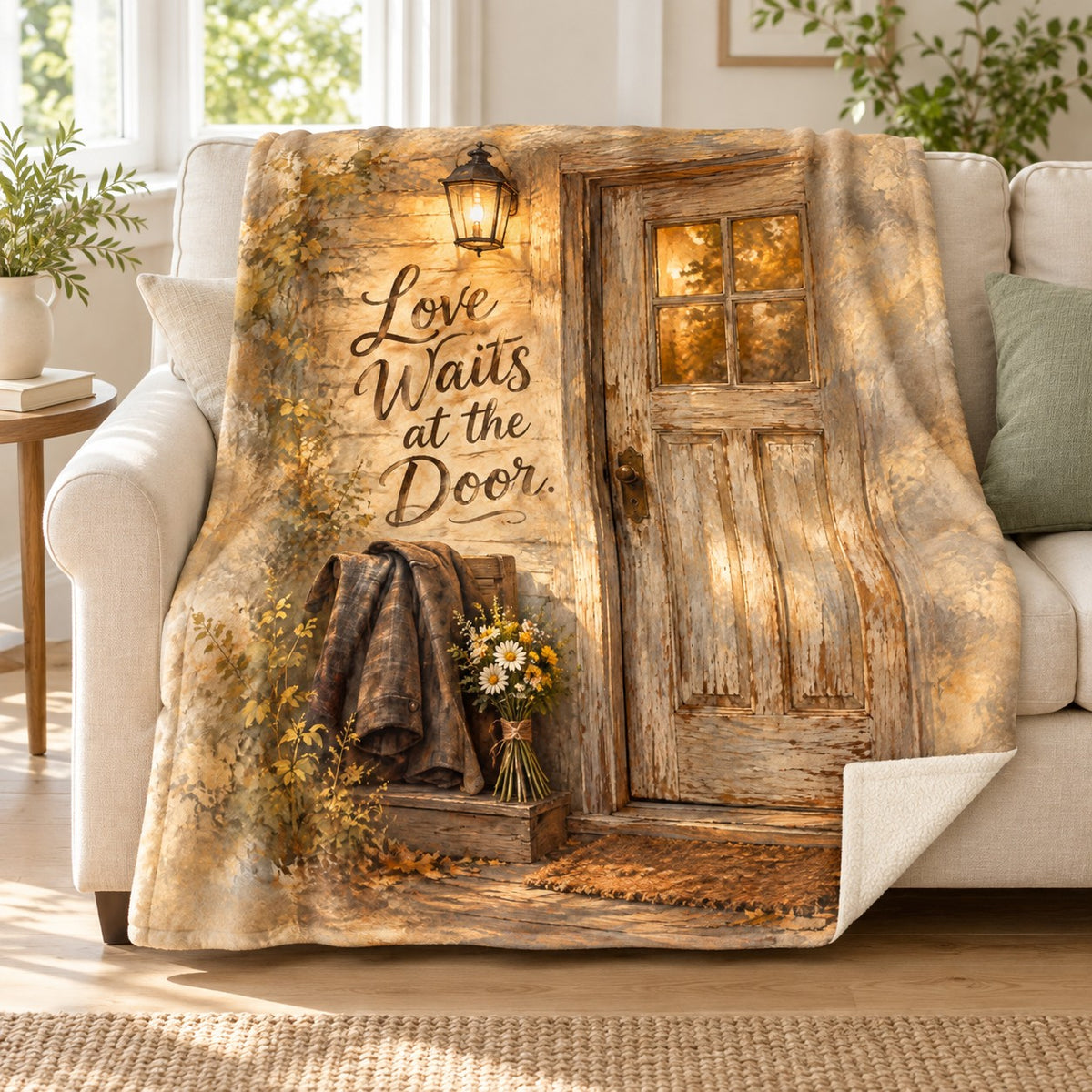 Love Waits at the Door. blanket, on a sofa
