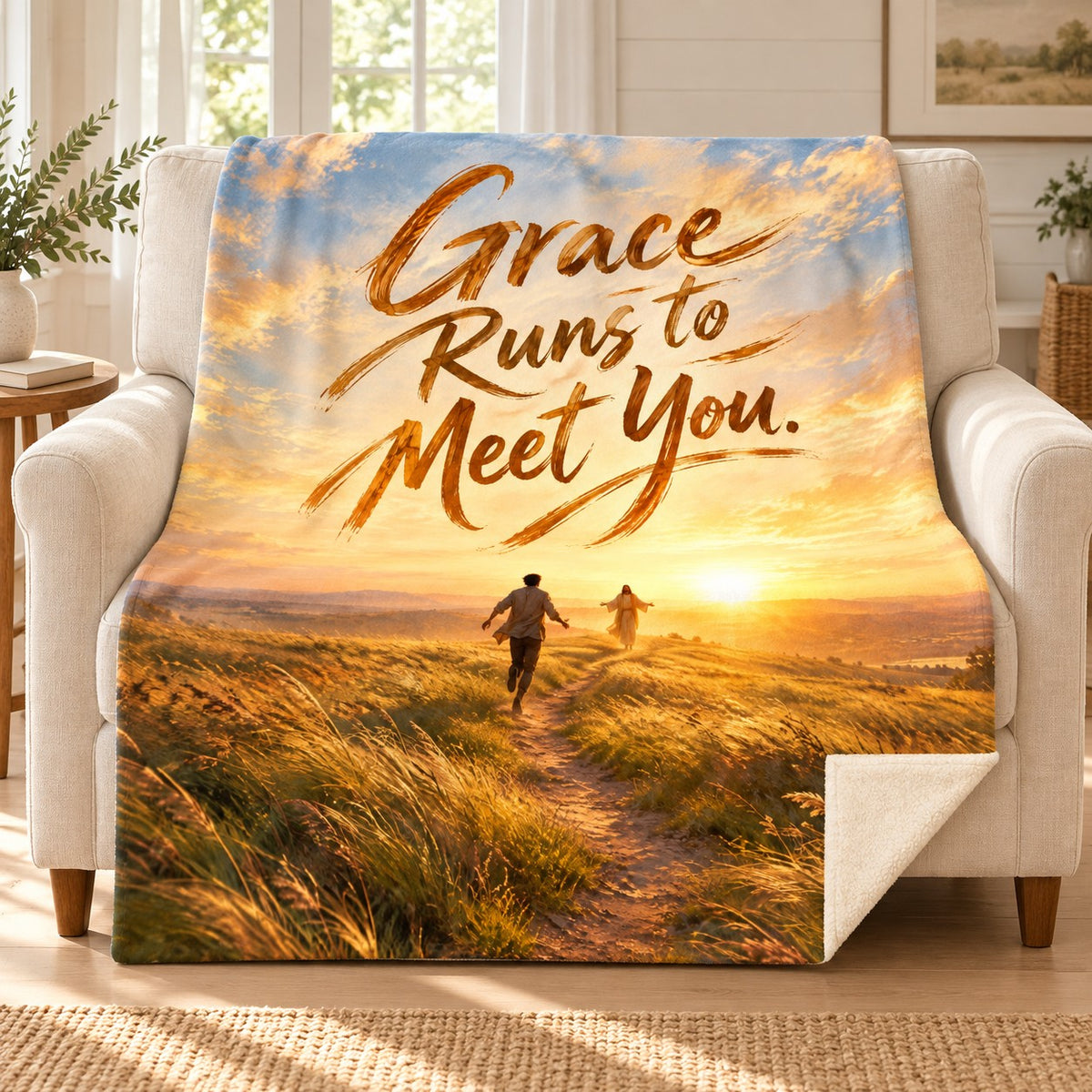 Grace Runs to Meet You. blanket, on a sofa