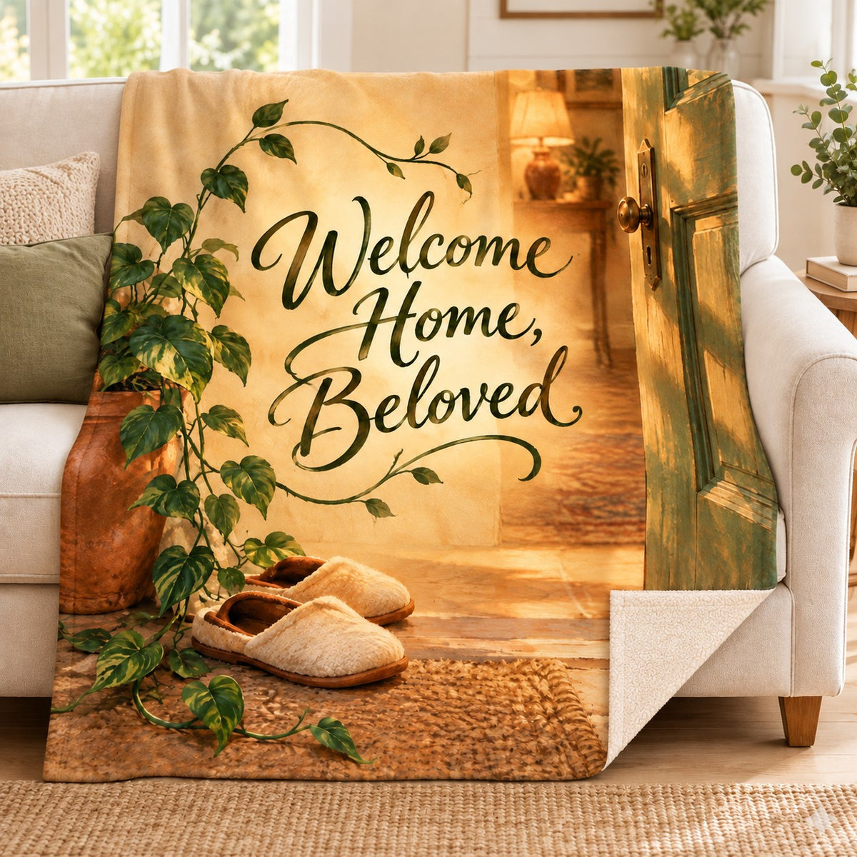 Welcome Home, Beloved. blanket, on a sofa