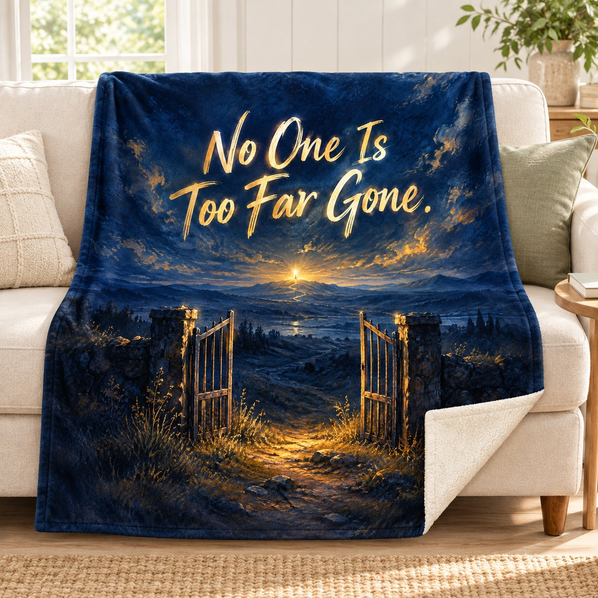 No One Is Too Far Gone. blanket, on a sofa
