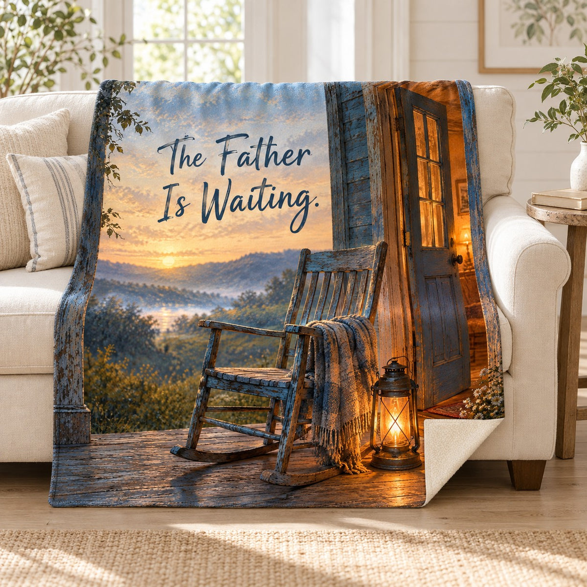 The Father Is Waiting. blanket, on a sofa