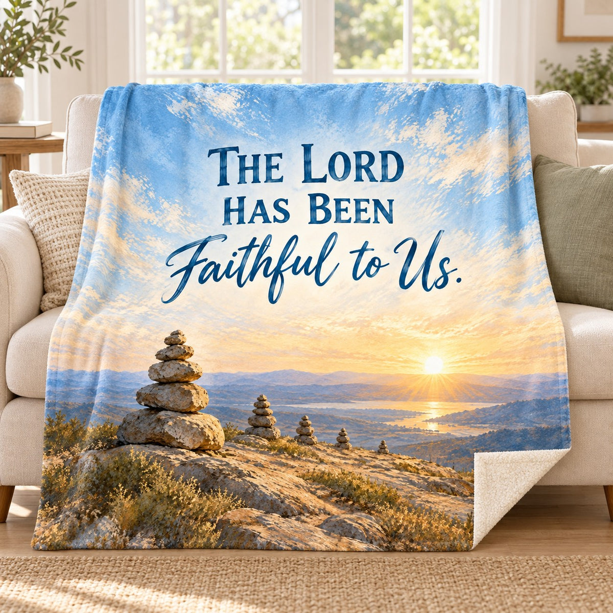 The Lord Has Been Faithful to Us. blanket, on a sofa