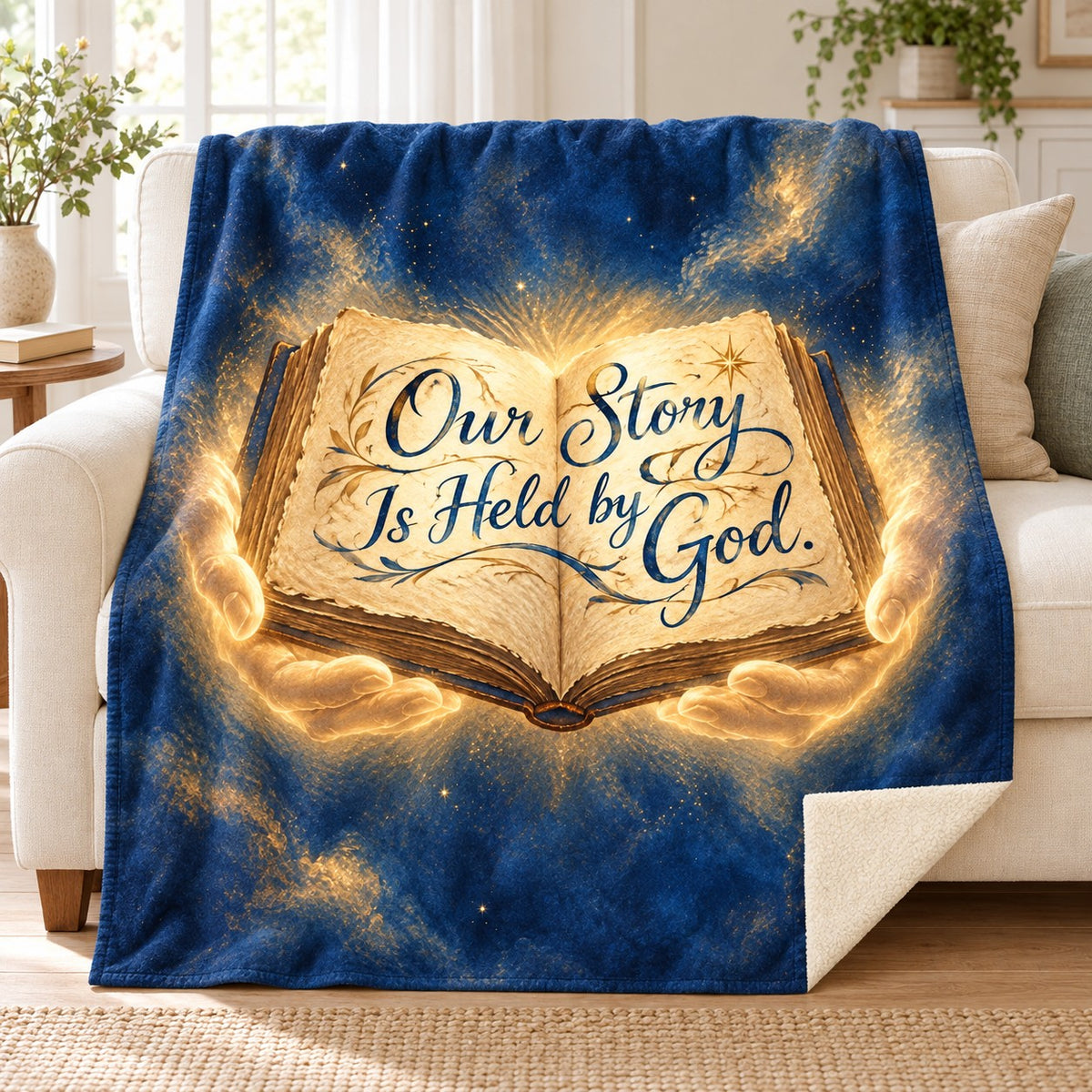 Our Story Is Held by God. blanket, on a sofa