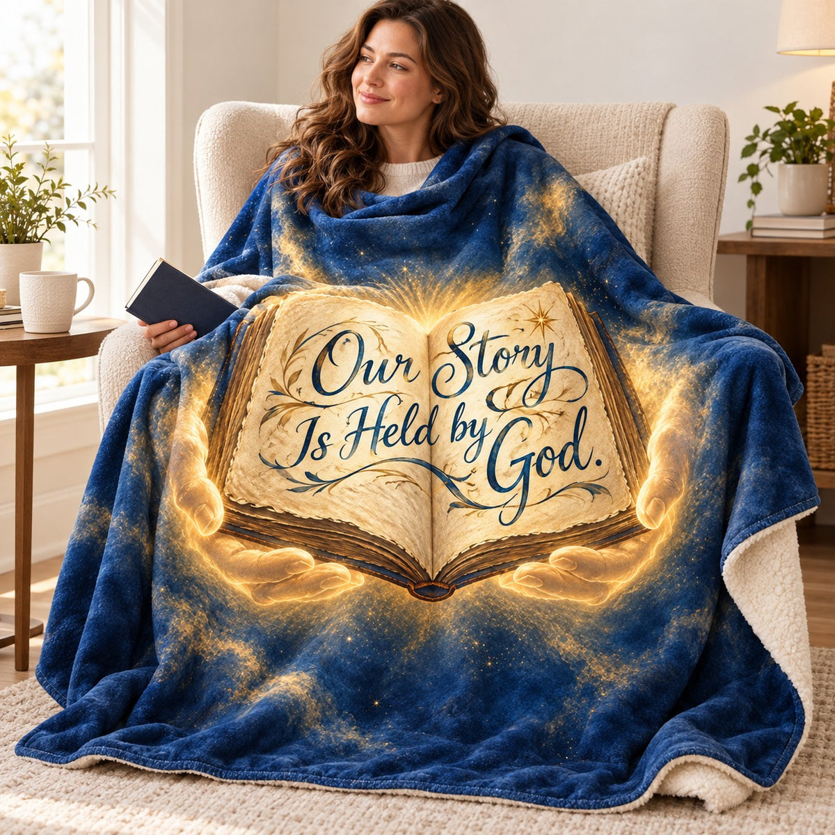 Our Story Is Held by God. blanket, wrapped around a reader