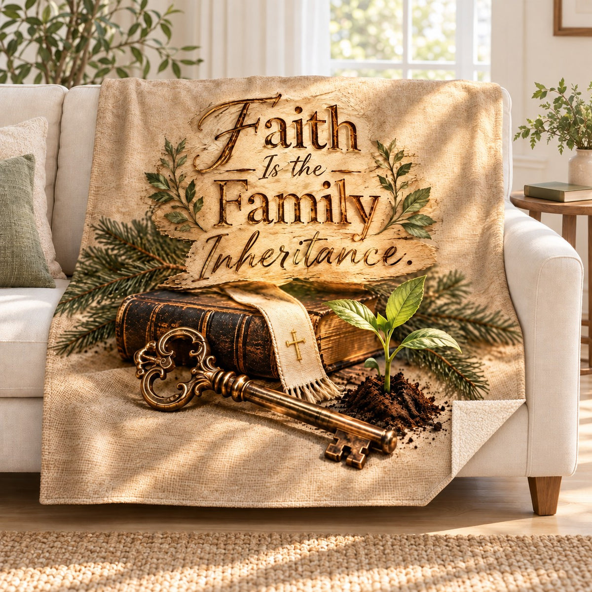 Faith Is the Family Inheritance. blanket, on a sofa