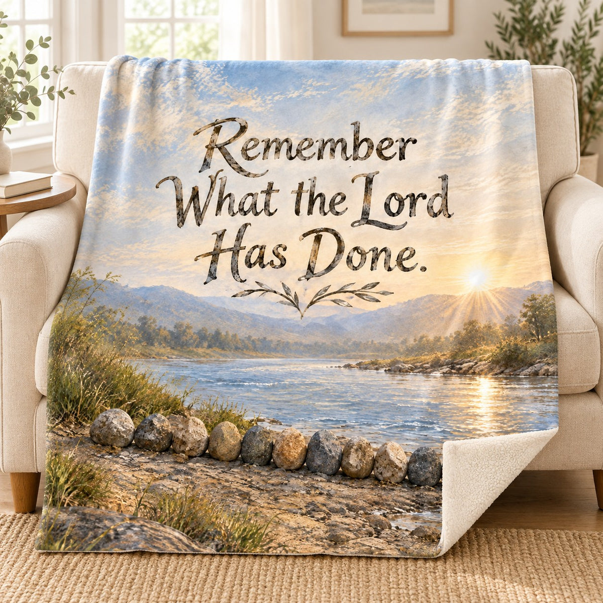 Remember What the Lord Has Done. blanket, on a sofa