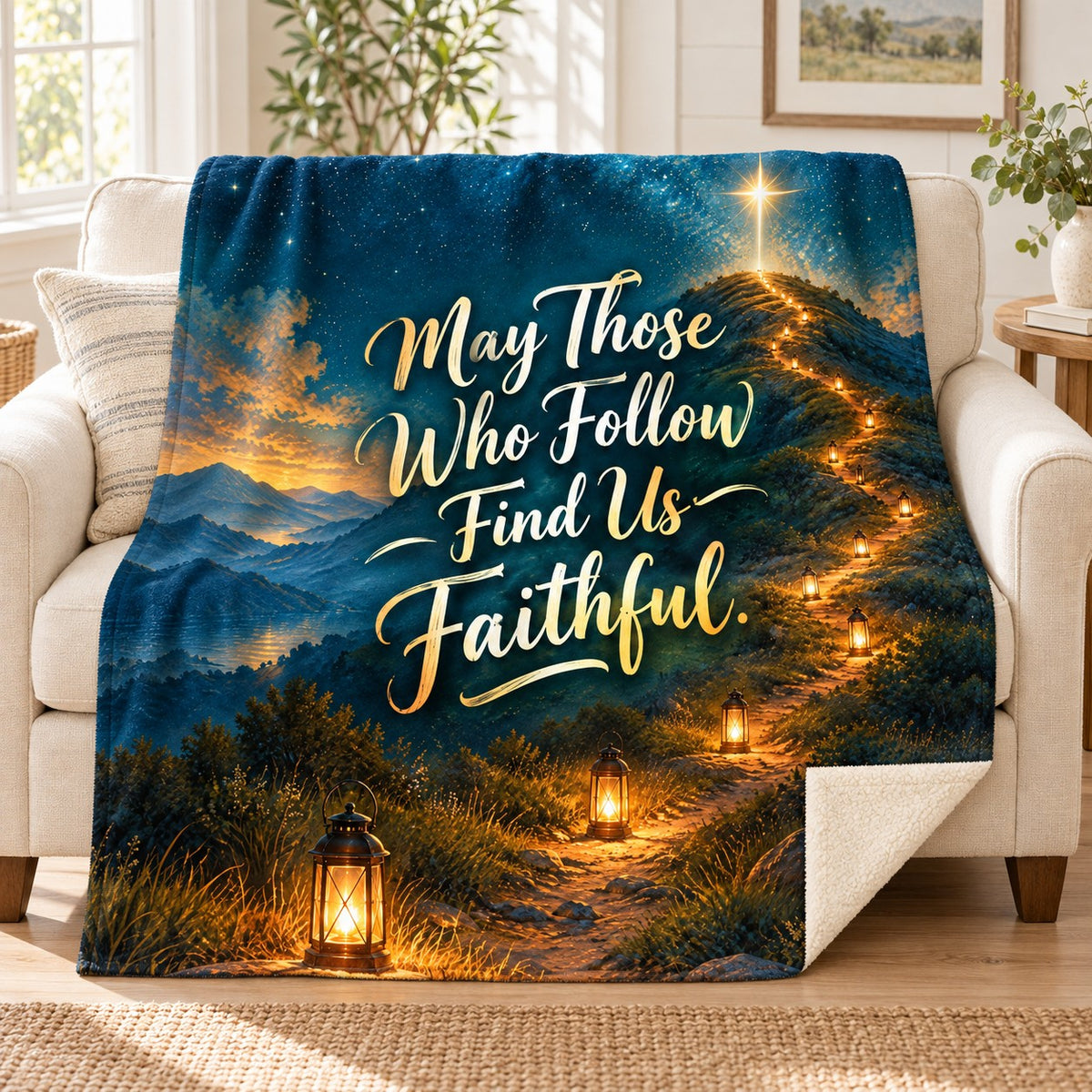 May Those Who Follow Find Us Faithful. blanket, on a sofa